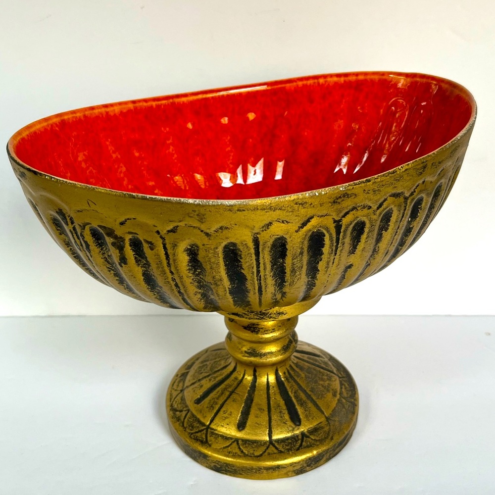 VTG 70s Pedestal Pottery Compote Orange Drip Glaze MCM Matte Gold Bowl Scarce